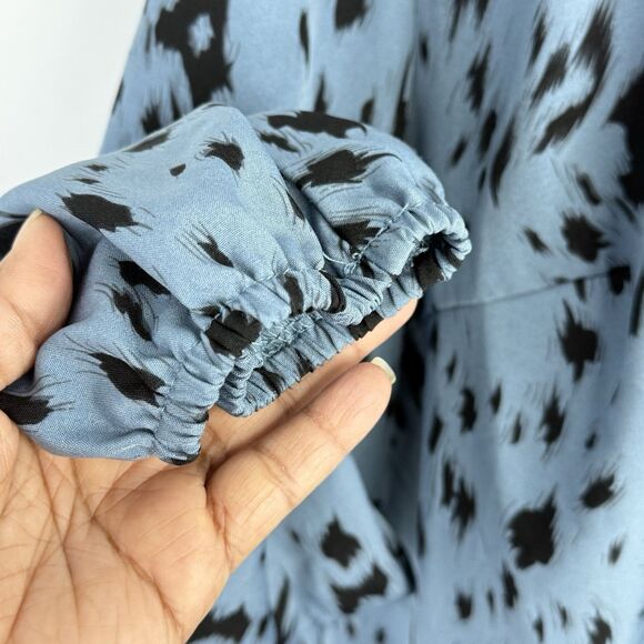 Womens Plus Size 3XL Allover Print Tie Neck Blouse Long Sleeves Dusty Blue - Picture 7 of 16